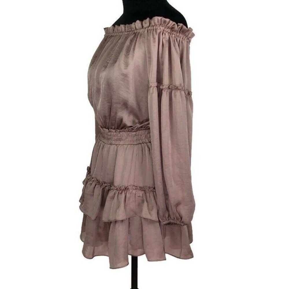 Misa Los Angeles Off Shoulder Ruffle Layered Pink Satin Dress Long Sleeve - Picture 2 of 5
